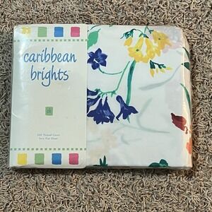 Caribbean Brights‎ Vintage 80s 90s Tropical Floral Twin Flat Bed Sheet NEW!